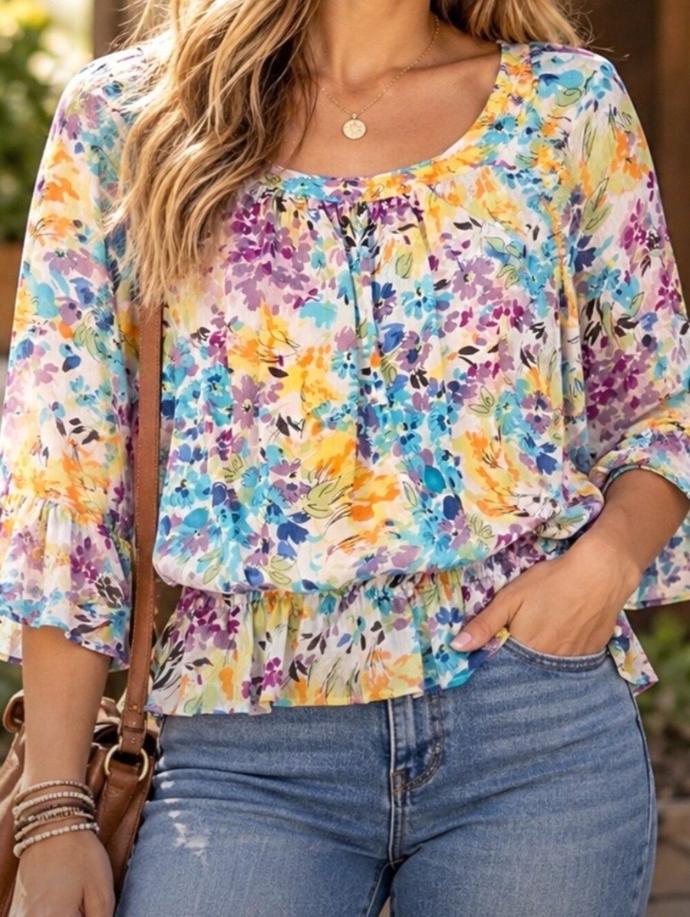 RQT Women's XL Multicolor Floral Peasant Blouse Bell Sleeve Boho Top